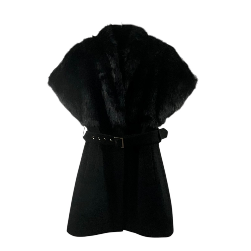 Guess Coat Black Faux Fur Shawl Collar Belted Vintage Inspired Glamour Jacket